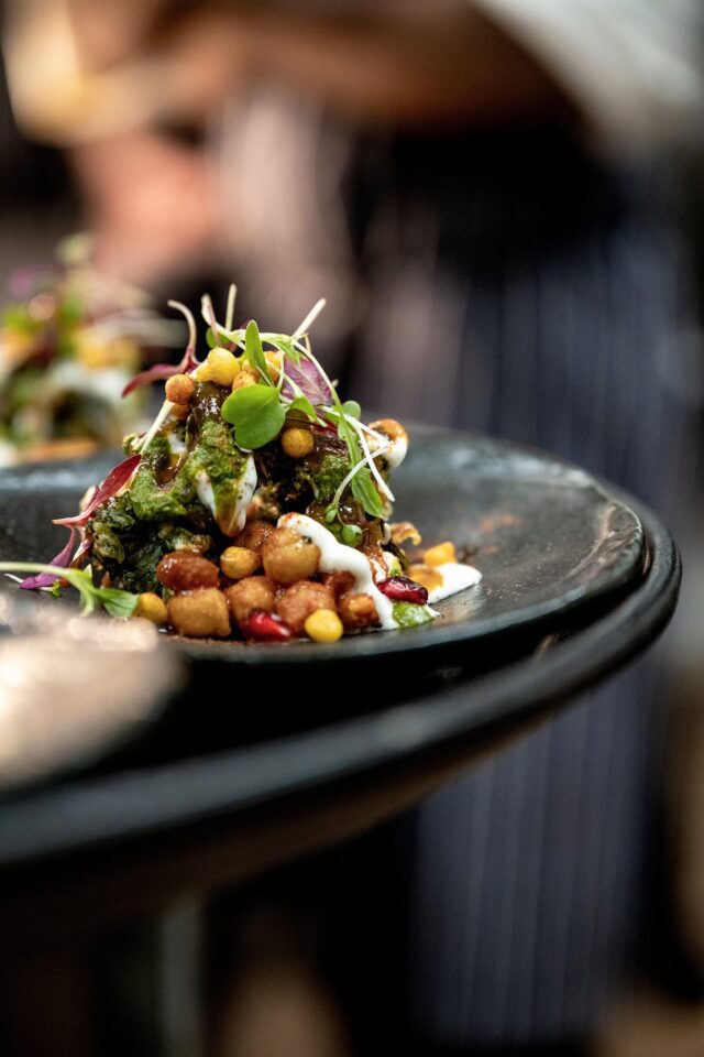 A beautifully plated dish from the bespoke six-course tasting menu, perfectly paired with fine wine at Essence in Wrotham Heath.